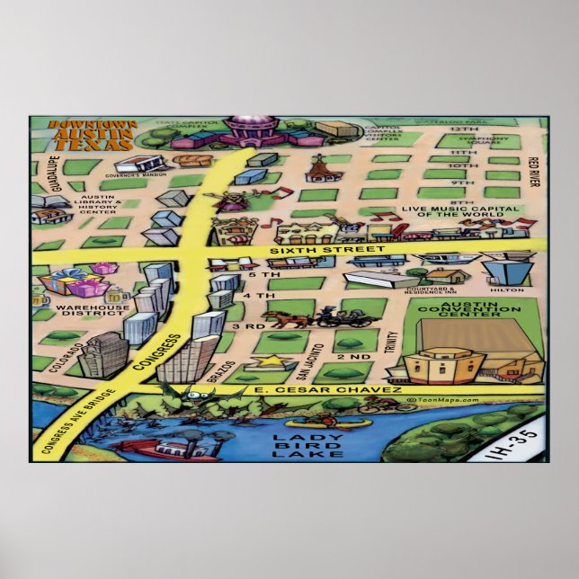 Downtown Austin Texas Cartoon Map Poster (Vorne)