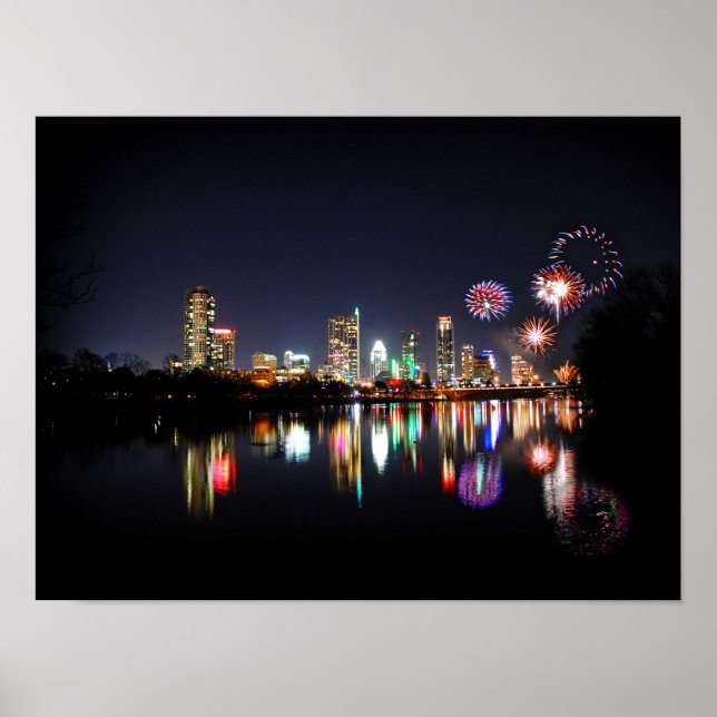 Downtown Austin Texas Night Skyline Fireworks Poster (Vorne)