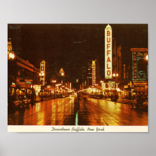Downtown Buffalo NY bei Nacht Vintage Poster