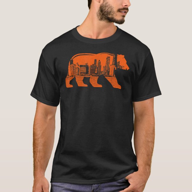 Downtown Chicago City Skyline Walking Bear Silhoue T-Shirt (Vorderseite)