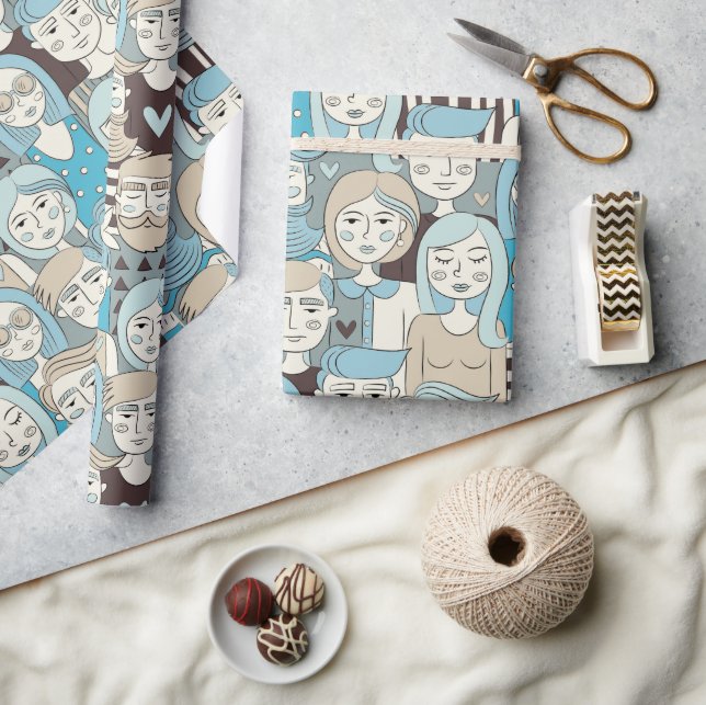 Downtown Crowd Faces Blue/Beige ID494 Geschenkpapier (Kunsthandwerk)