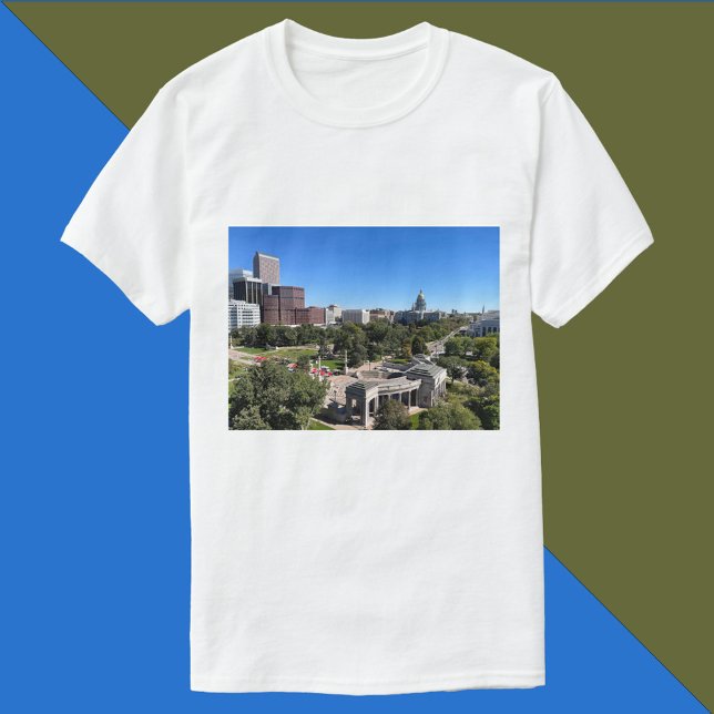 Downtown Denver Colorado Skyline Photo T-Shirt (A tshirt featuring downtown Denver, the Capitol Dome and Civic Center park.)
