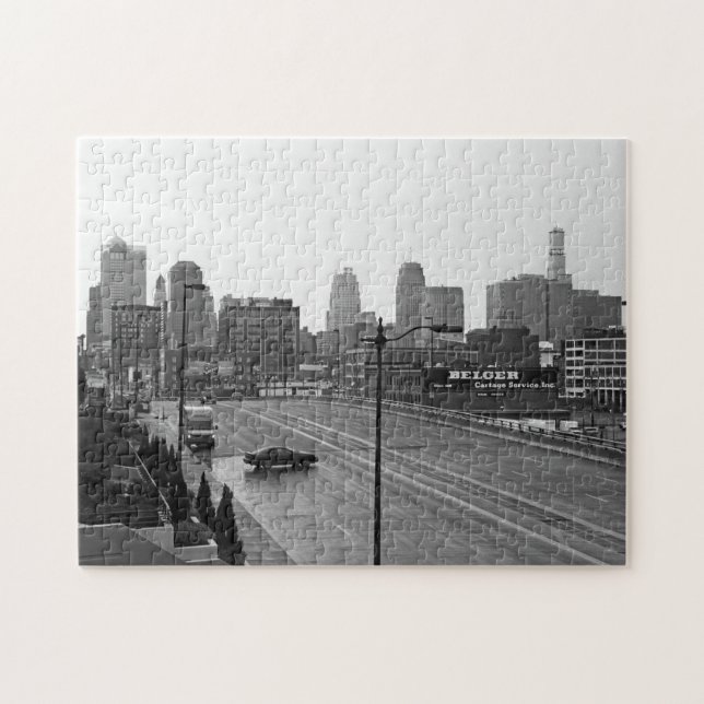 Downtown Kansas City Skyline-Schwarz-Weiß-Foto Puzzle (Horizontal)