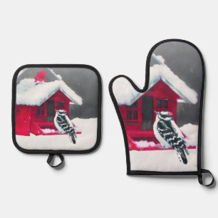 Downy Woodpecker auf Red Feeder Original Bird Art Ofenhandschuh & Topflappen-Set