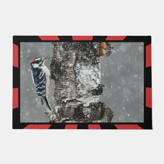 Downy Woodpecker in Snow - Original Foto Fußmatte (Vorderseite)