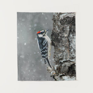 Downy Woodpecker in Snow - Original Foto Wandteppich