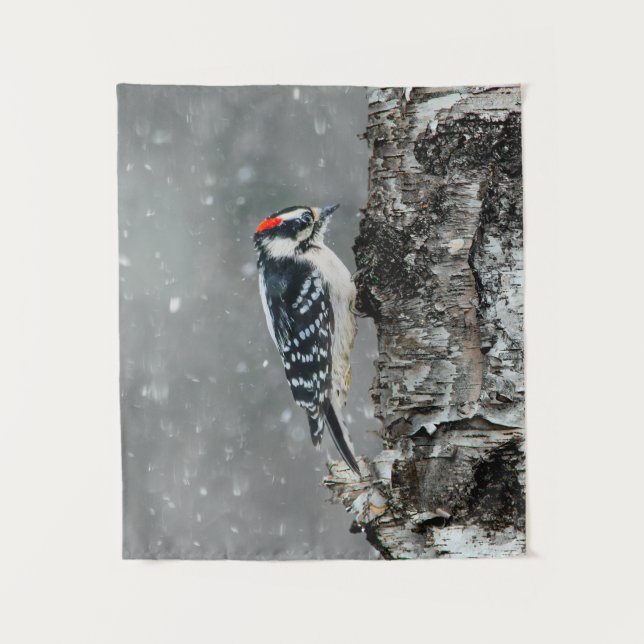 Downy Woodpecker in Snow - Original Foto Wandteppich (Vorderseite)
