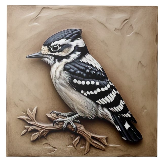Downy Woodpecker - Keramik Tile Fliese (Vorderseite)