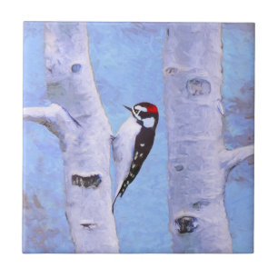 Downy Woodpecker-Malerei - Original Bird Art Fliese