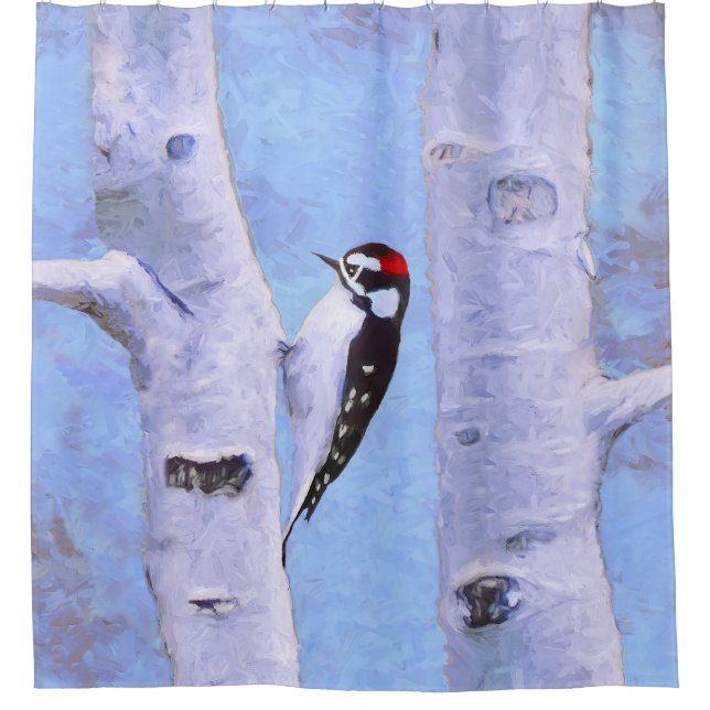 Downy Woodpecker Painting - Original Bird Art Duschvorhang (Vorderseite)