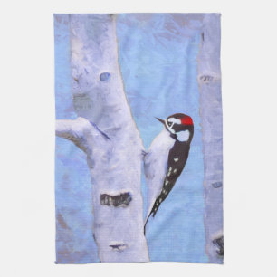 Downy Woodpecker Painting - Original Bird Art Geschirrtuch