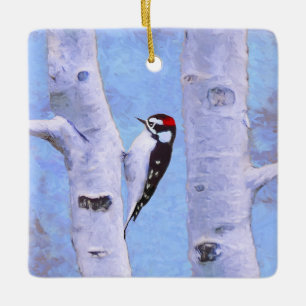 Downy Woodpecker Painting - Original Bird Art Keramikornament