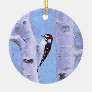 Downy Woodpecker Painting - Original Bird Art Keramikornament