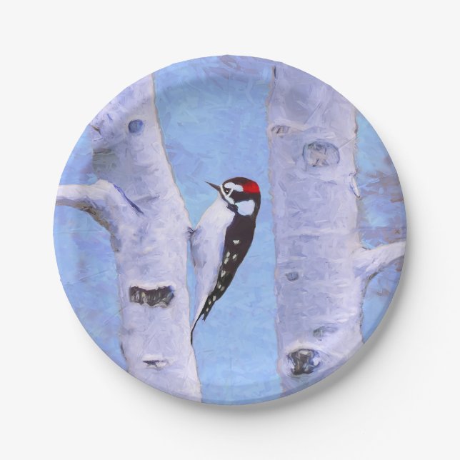 Downy Woodpecker Painting - Original Bird Art Pappteller (Vorderseite)