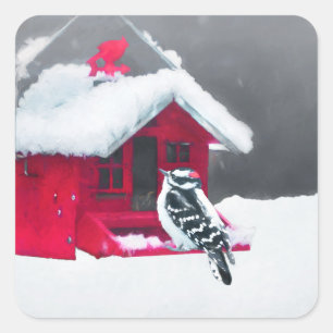Downy Woodpecker Painting - Original Bird Art Quadratischer Aufkleber