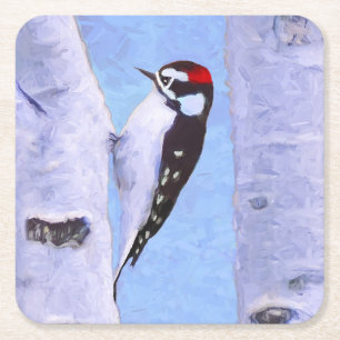 Downy Woodpecker Painting - Original Bird Art Rechteckiger Pappuntersetzer