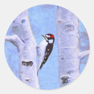 Downy Woodpecker Painting - Original Bird Art Runder Aufkleber