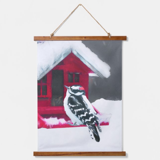 Downy Woodpecker Painting - Original Bird Art Wandteppich Mit Holzrahmen (Vorderseite)