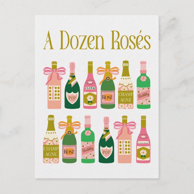 Dozen Rosés Pink Champagne Flaschen Pop Fizz Clink Postkarte (Vorderseite)