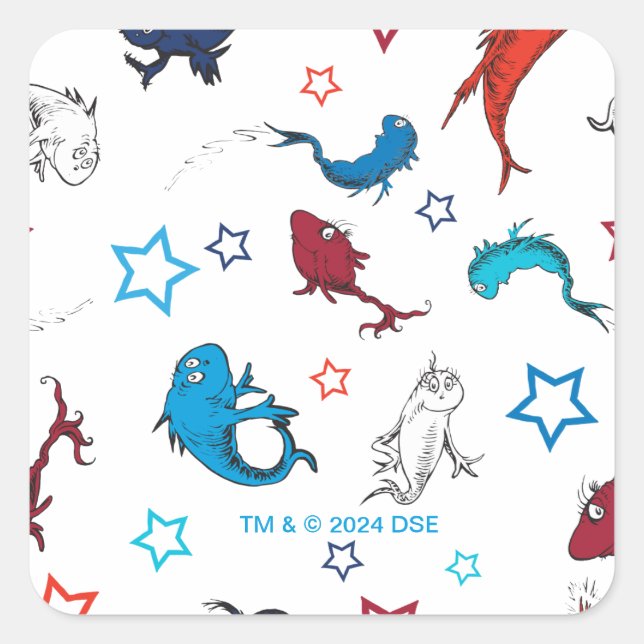 Dr. Seuss | One Fish Two Fish Star Muster Quadratischer Aufkleber (Vorderseite)