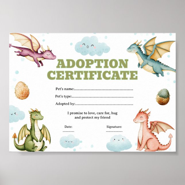 Drache adoptiert ein Haustier-Zertifikat editierba Poster (Vorne)