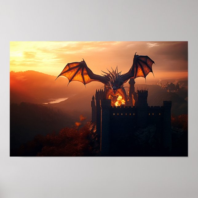 Drache attackiert ein Schloss Poster (Vorne)