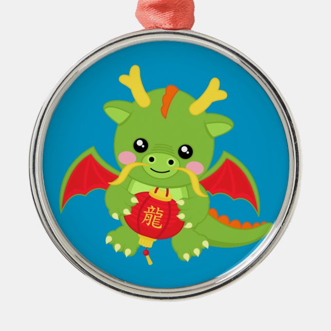 Drache, der Laterne hält Silbernes Ornament (Vorne)
