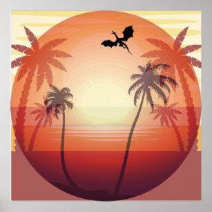 Drache fliegt bei Sonnenuntergang über der tropisc Poster