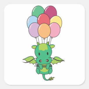 Drache fliegt mit farbenfrohen Ballons auf Quadratischer Aufkleber