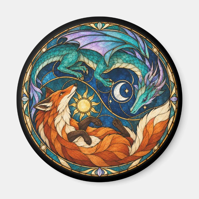 Drache Fuchs Himmelsbuntglas Magnet (Vorne)