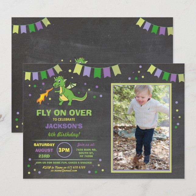 Drache-Geburtstags-Party laden Einladung (Vorne/Hinten)