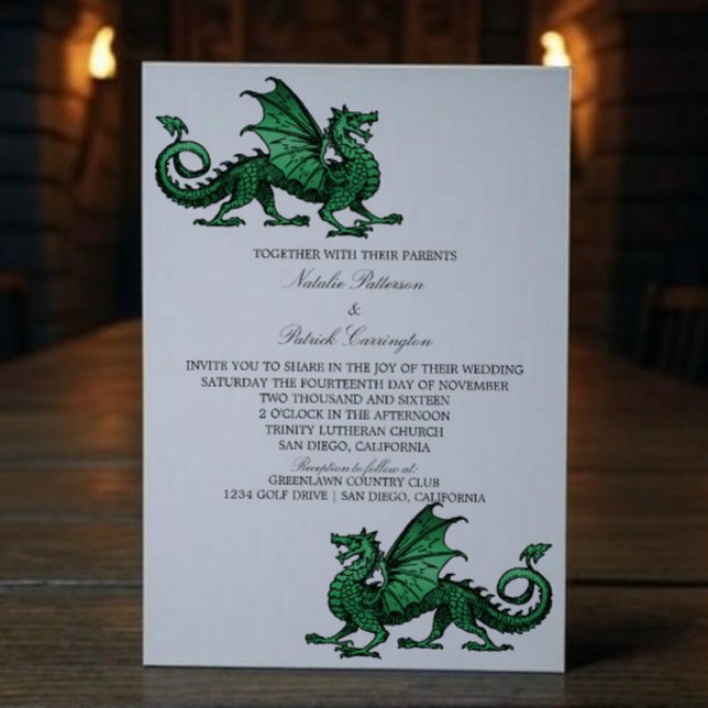 Drache Hochzeit im Grünen Mittelalter Einladung (Green Medieval Dragon Wedding Invite)