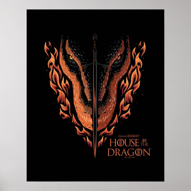 Drache in Flammen hinter dem Schwert Poster (Vorne)