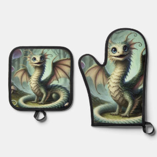 Drache Jabberwocky Niedlich Fantasy Kreatur Kunst Ofenhandschuh & Topflappen-Set