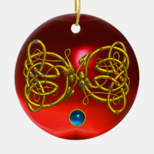 DRACHE-LIEBE-HERZ roter Rubin und blauer Saphir Keramik Ornament