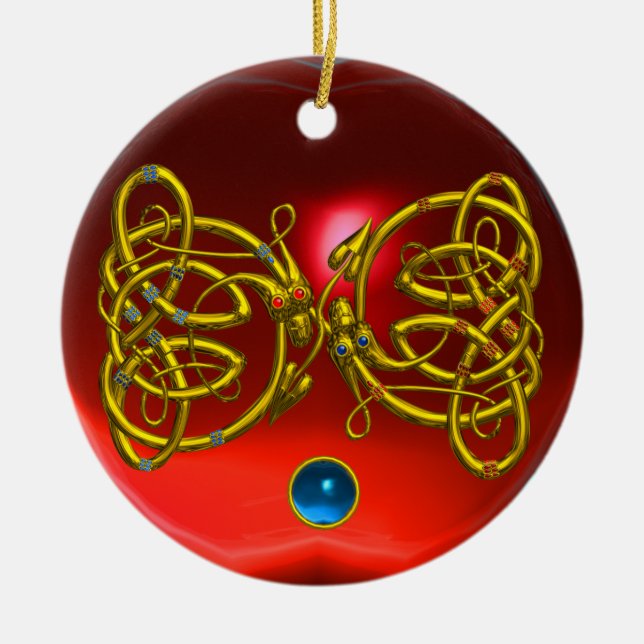 DRACHE-LIEBE-HERZ roter Rubin und blauer Saphir Keramik Ornament (Vorne)