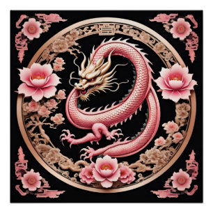Drache mit rosa Blume Poster