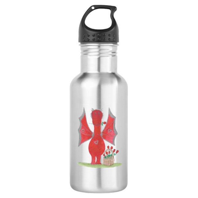 Drache mit roten Rosen Edelstahlflasche (Vorderseite)