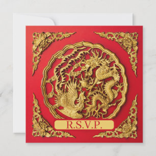 Drache Phoenix Rot Gold Chinesische Hochzeit RSVP Einladung