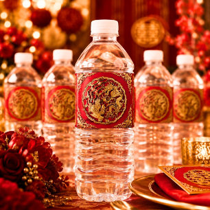 Drache Phoenix Rot Gold Chinesische Hochzeit Wasserflaschenetikett