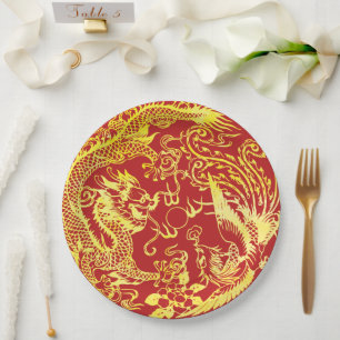 Drache Phönix Chinesisches Hochzeitslogo Pappteller