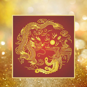 Drache Phönix Rot Gold Chinesische Hochzeitseinlad Einladung