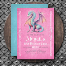 Drache Pink Aqua Mädchen Geburtstagseinladung