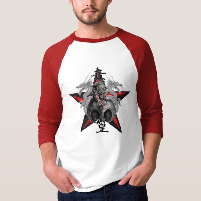 Drache-Tiger-Schädel-roter Stern-T - Shirt - (Vorderseite)
