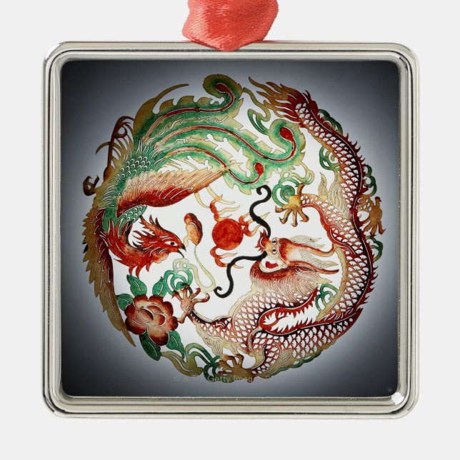 Drache und Phoenix-Schablone Silbernes Ornament (Vorne)