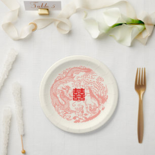 Drache und Phönix beige rote chinesische Hochzeit Pappteller