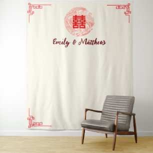 Drache und Phönix rote chinesische Hochzeitskuliss Wandteppich