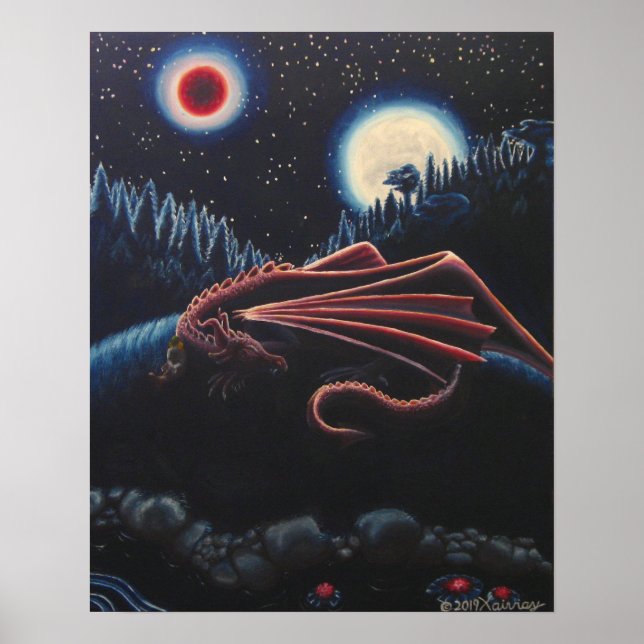 Drache und Reiter unter dem Roten Mond schlafen Poster (Vorne)