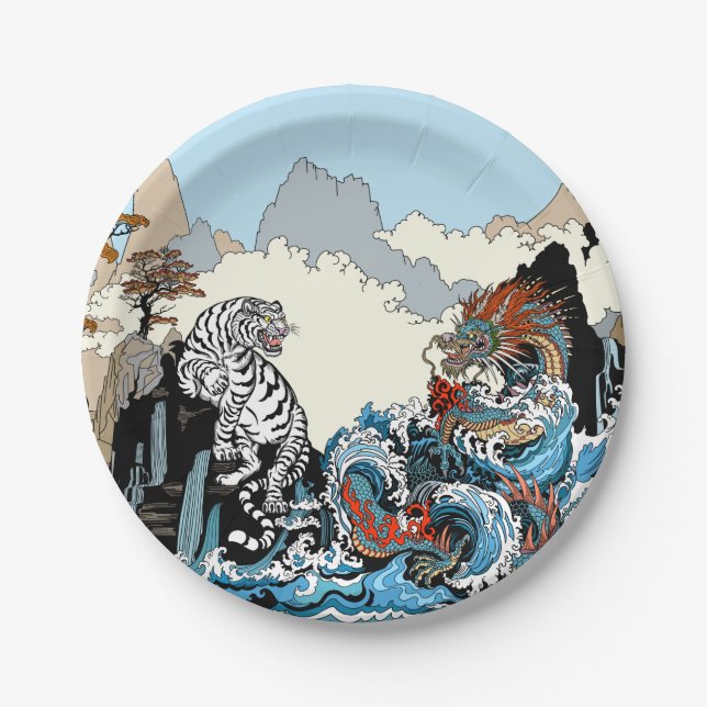 Drache und weißer Tiger. Illustration durch Insima Pappteller (Vorderseite)