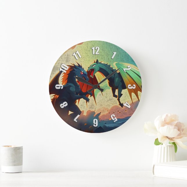 Drache vs Pegasus - Fantasy-Kunst Große Wanduhr (Zuhause)